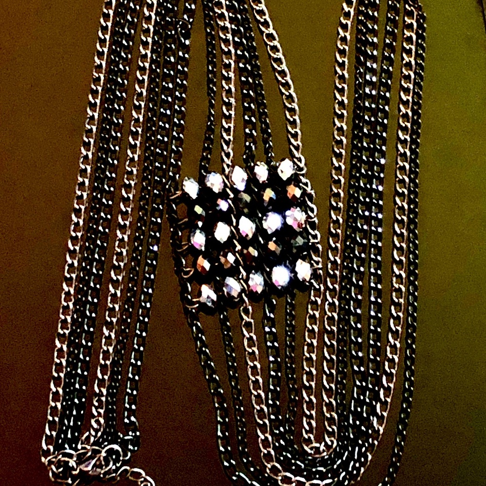 VTG Y2K Multi Strand Silver Black Chains Faceted Beads Long Y Drop Necklace